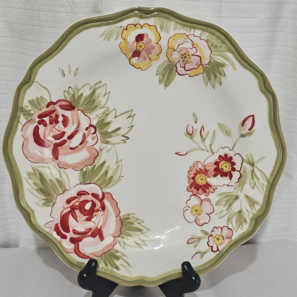 Pier 1 Audrey Dinner Plate 11in rose floral sage hand painted earthenware dinner